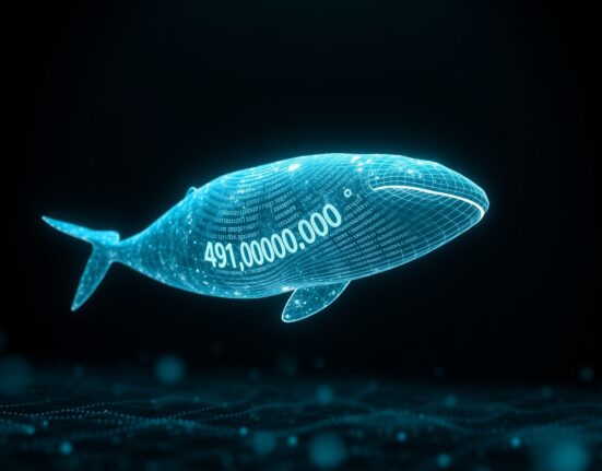 Digital whale symbolizing a $491 million USDT transaction moving through a blockchain network