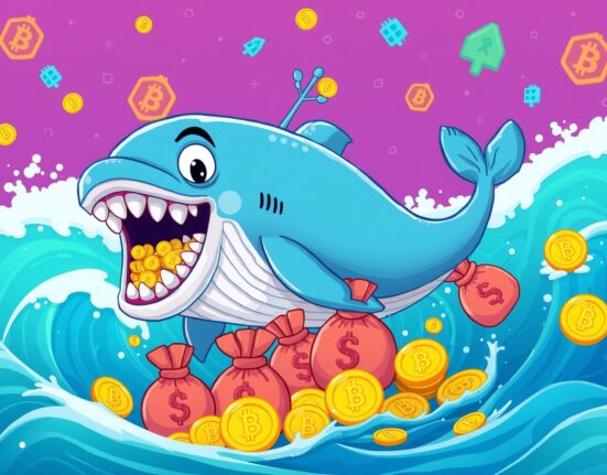 Giant cryptocurrency whale carrying massive USDT transfer through digital blockchain ocean