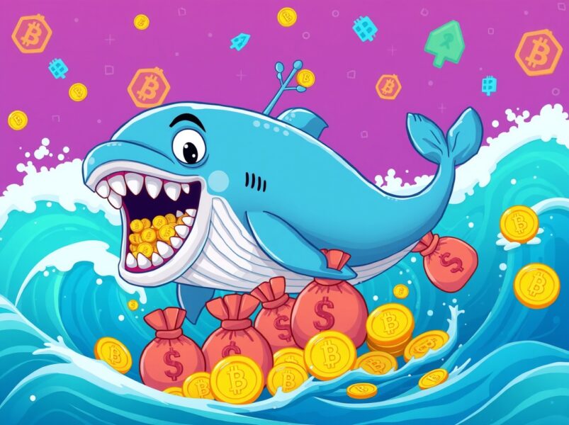 Giant cryptocurrency whale carrying massive USDT transfer through digital blockchain ocean