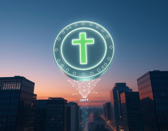 Massive 225,860,006 USDT transfer from unknown wallet to Bitfinex highlighted in a digital cityscape.