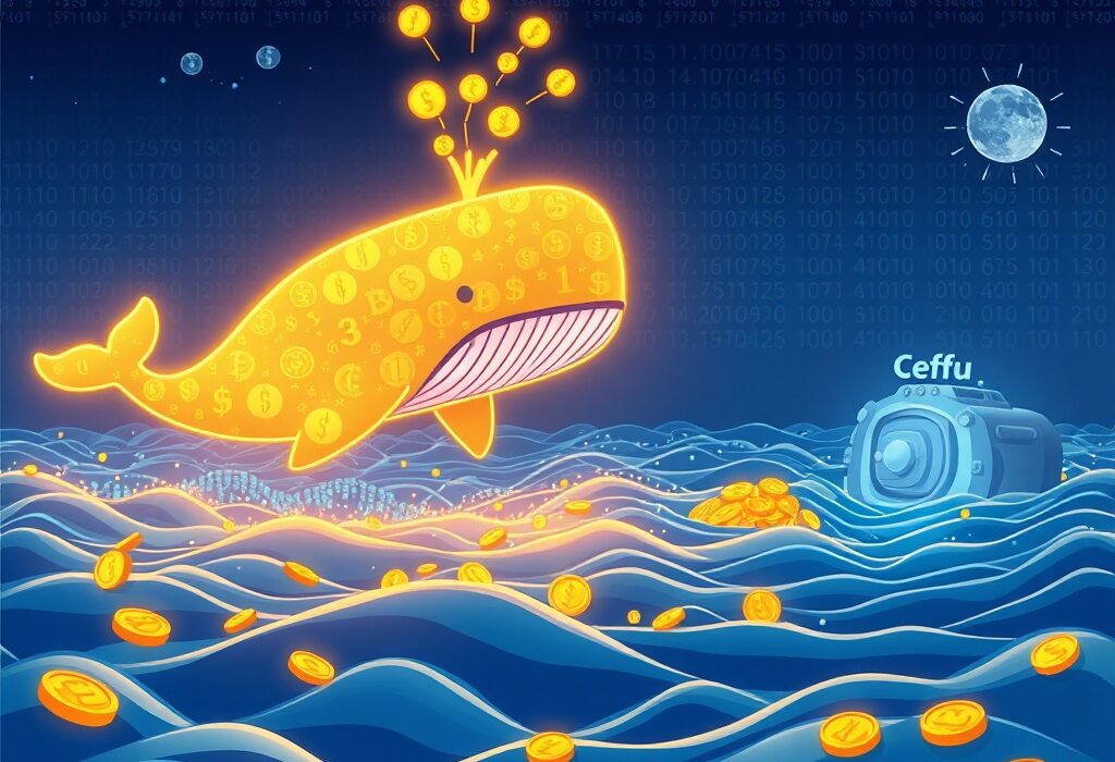 A cartoon illustration of a digital whale conducting a large USDT transfer to a secure institutional platform, highlighting significant crypto movement.
