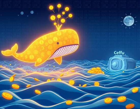 A cartoon illustration of a digital whale conducting a large USDT transfer to a secure institutional platform, highlighting significant crypto movement.