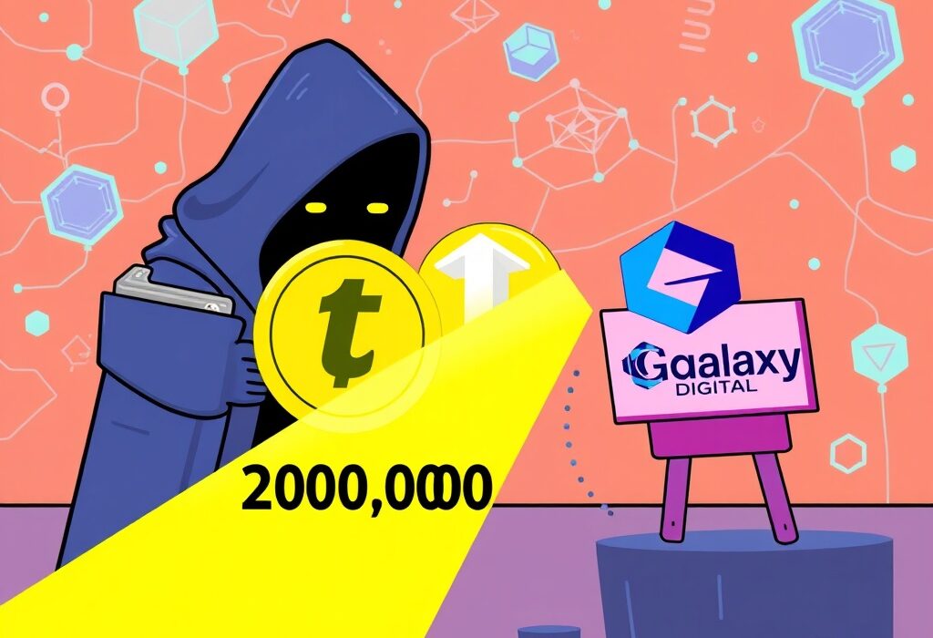 Illustration of a massive USDT transfer, depicting 200 million digital tokens moving to Galaxy Digital, symbolizing significant market activity.