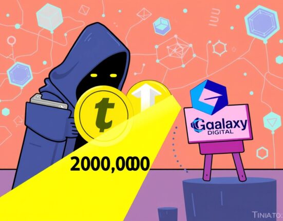 Illustration of a massive USDT transfer, depicting 200 million digital tokens moving to Galaxy Digital, symbolizing significant market activity.