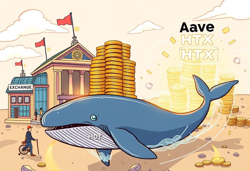 A cartoon whale making a massive USDT transfer between crypto platforms, illustrating significant blockchain activity.