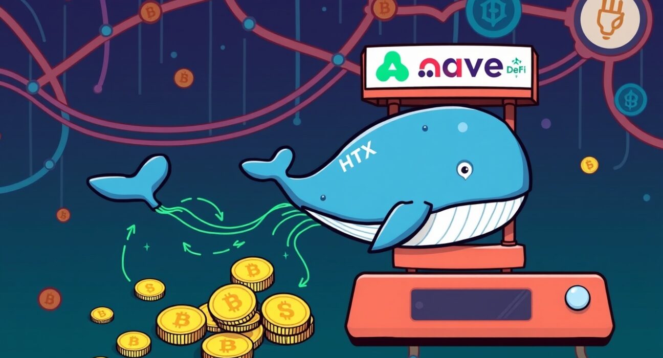 A cartoon whale icon representing a massive USDT transfer from HTX to Aave, highlighting significant DeFi liquidity movement.