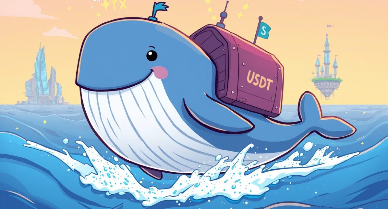 Giant whale cryptocurrency USDT transfer between digital finance platforms in vibrant cartoon style