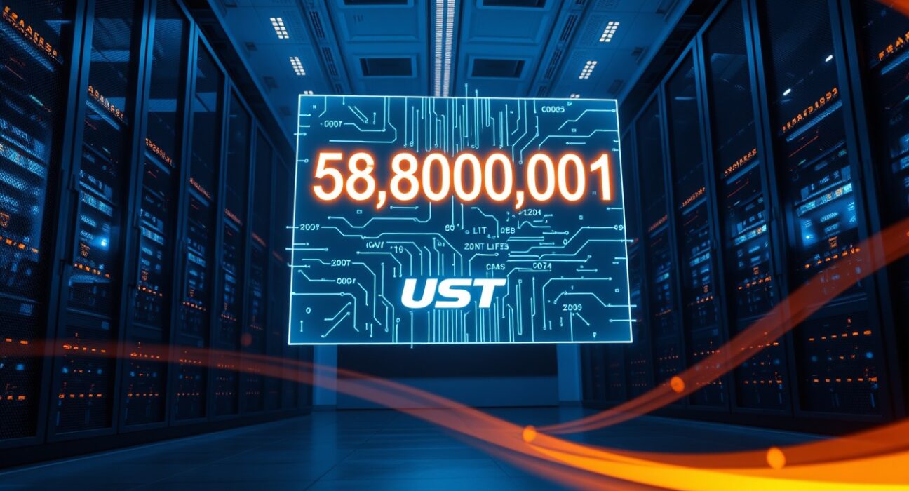 Digital display showing a 580 million USDT transaction in a modern data center.