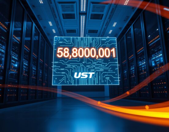 Digital display showing a 580 million USDT transaction in a modern data center.