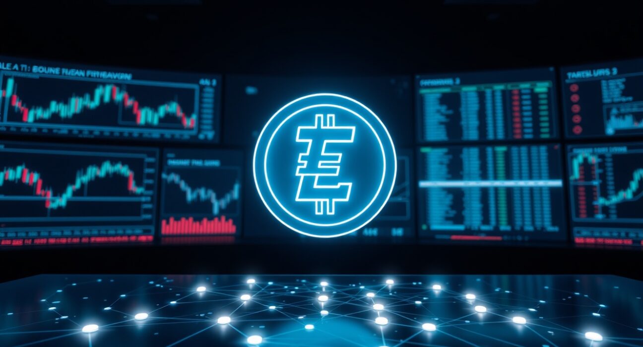 Digital representation of a large USDT transaction on a financial dashboard with blockchain network visualization.