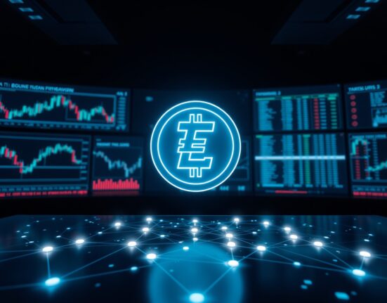 Digital representation of a large USDT transaction on a financial dashboard with blockchain network visualization.