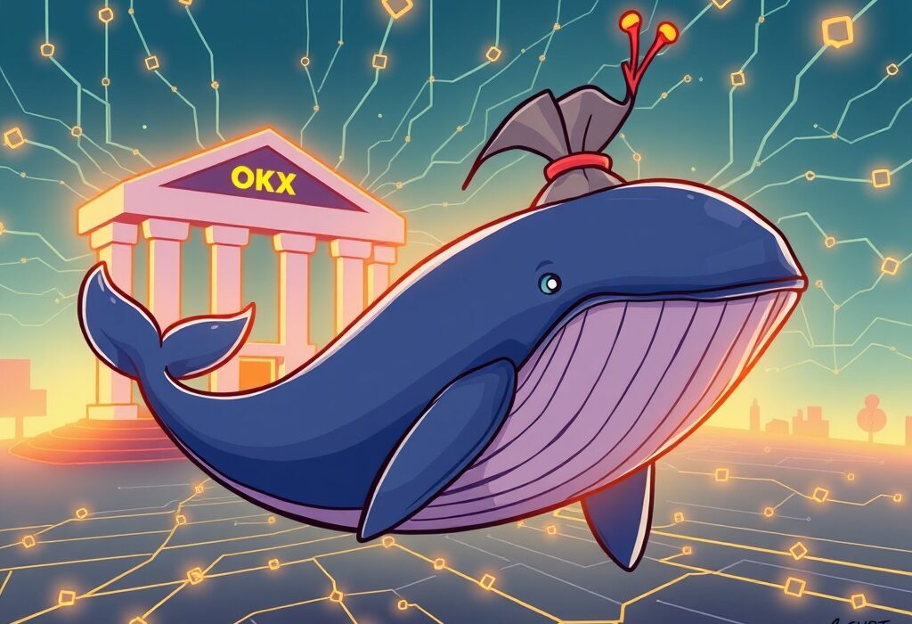 A cartoon illustration of a digital whale swimming towards a crypto exchange, representing a significant USDT transfer.