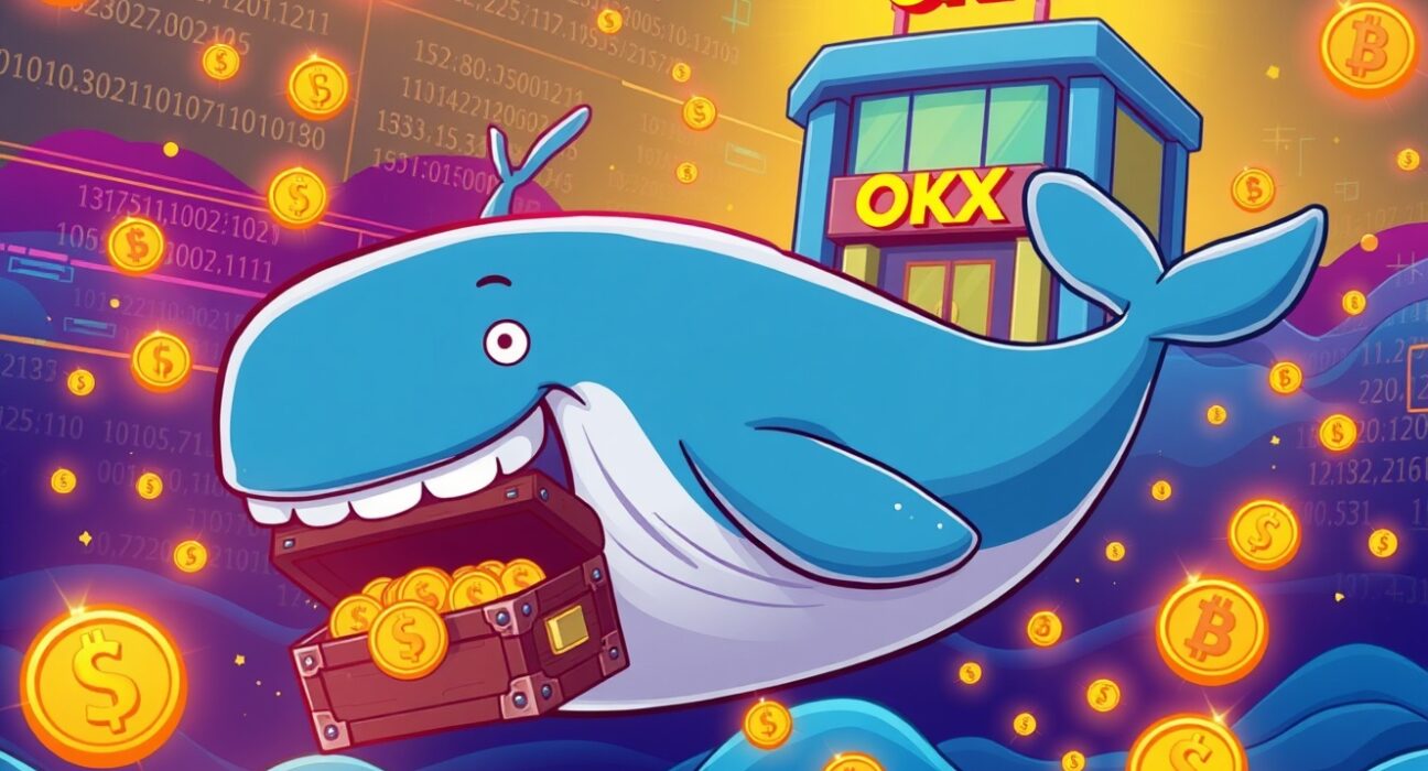 A cartoon whale carrying a treasure chest in a vibrant digital ocean, symbolizing a massive USDT transfer to an exchange.