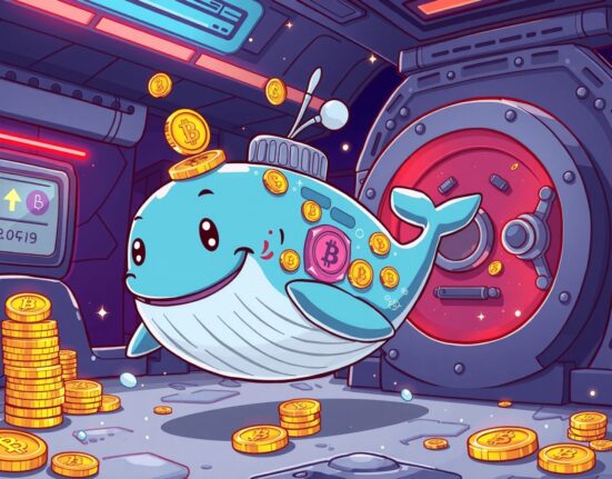 A cartoon whale made of digital coins symbolizing a massive USDT transfer to a cryptocurrency exchange.