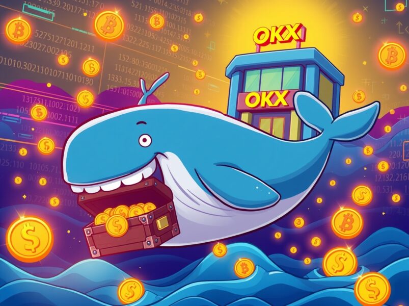 A cartoon whale made of digital coins symbolizing a massive USDT transfer to a cryptocurrency exchange.