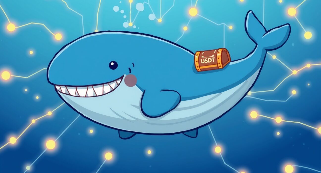 A cartoon whale symbolizing a major USDT transfer moving through a vibrant blockchain network ocean.