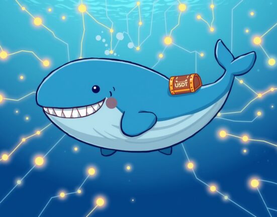 A cartoon whale symbolizing a major USDT transfer moving through a vibrant blockchain network ocean.
