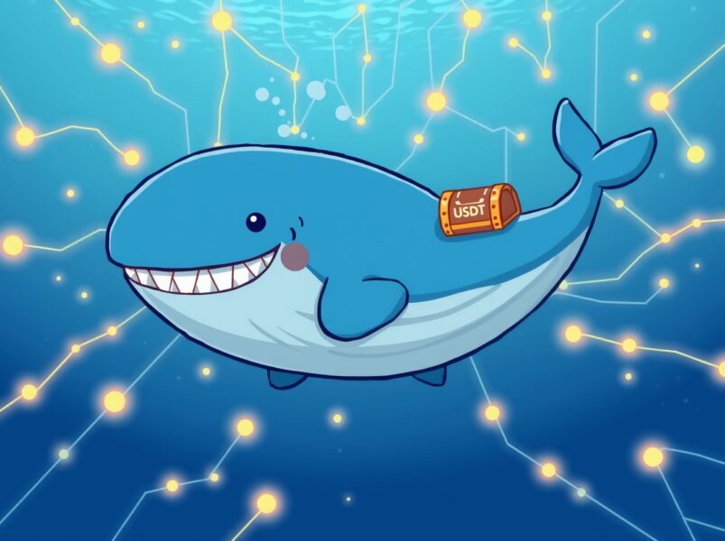 A cartoon whale symbolizing a major USDT transfer moving through a vibrant blockchain network ocean.