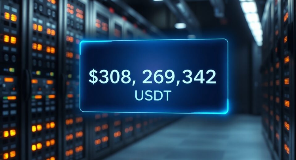 Digital display showing a $308 million USDT transaction in a data center environment.