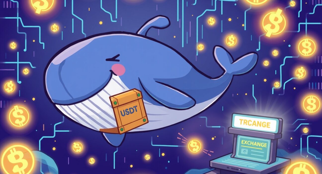 A cartoon whale making a massive USDT transfer to a cryptocurrency exchange in a vibrant digital ocean.