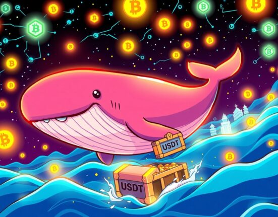 A cartoon whale symbolizing a massive USDT transfer moving funds through a vibrant blockchain network.