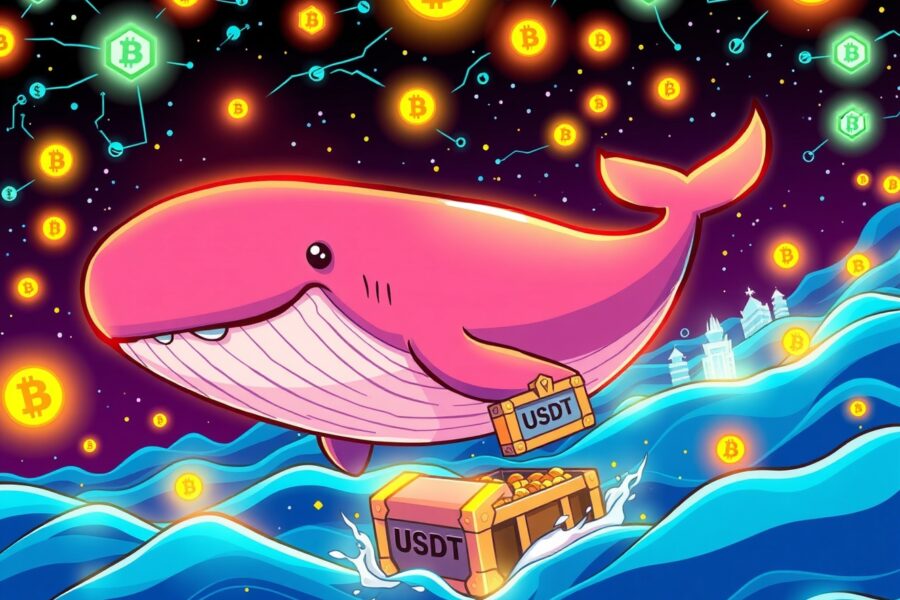 A cartoon whale symbolizing a massive USDT transfer moving funds through a vibrant blockchain network.