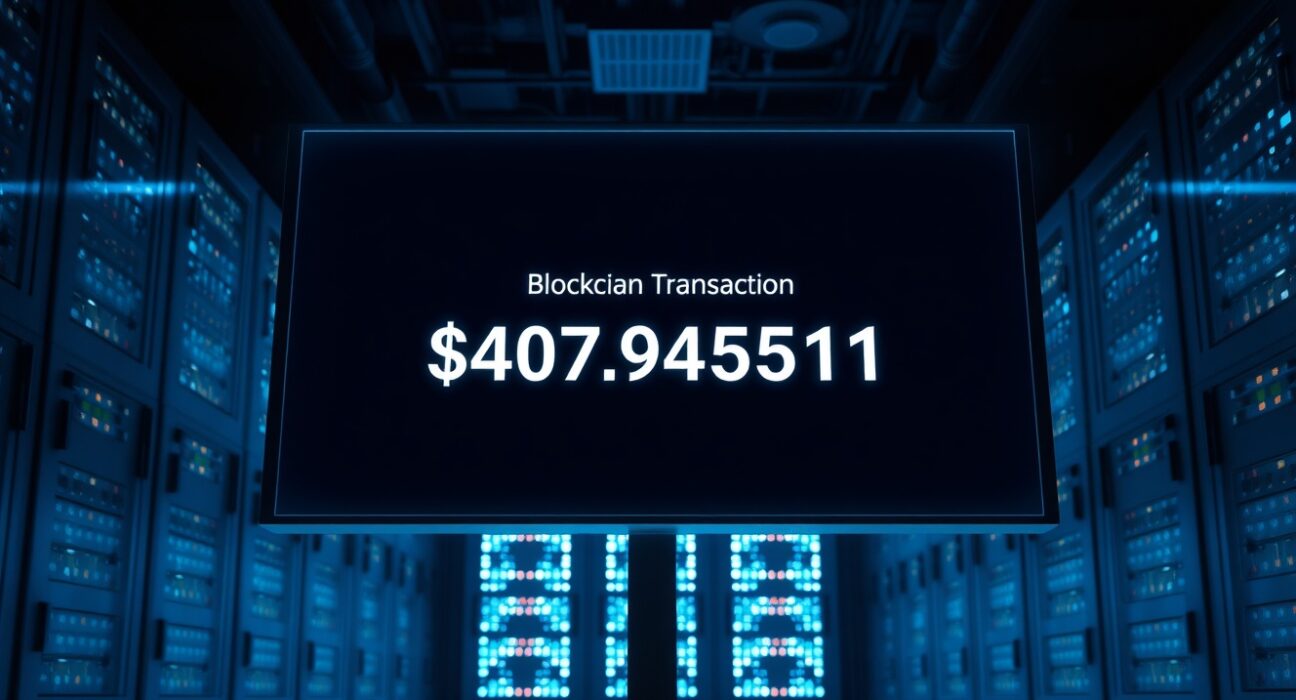 Digital dashboard displaying a large USDT transaction confirmation of over $407 million.