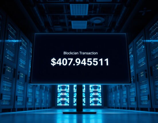 Digital dashboard displaying a large USDT transaction confirmation of over $407 million.