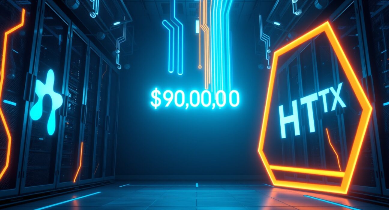 Digital representation of a $390 million USDT transaction between Spark and HTX in a futuristic server room.