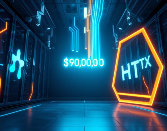 Digital representation of a $390 million USDT transaction between Spark and HTX in a futuristic server room.