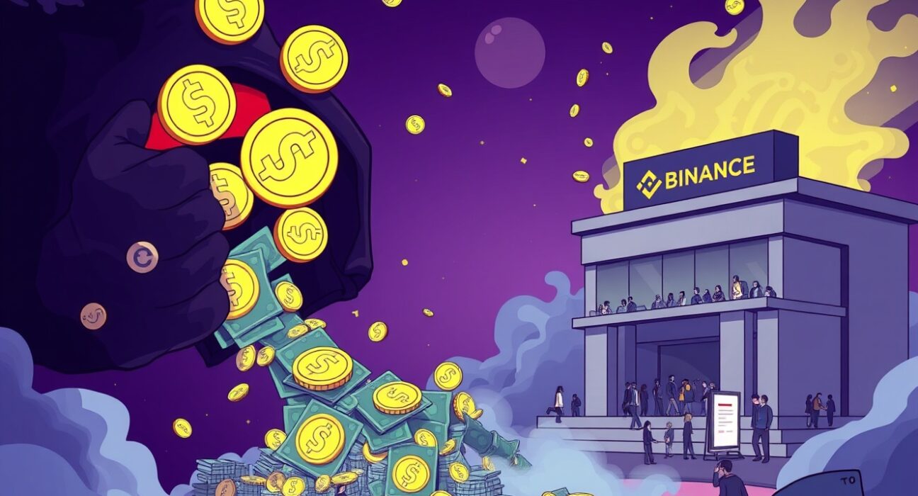 A cartoon illustration depicting a colossal amount of USDT transferred to Binance, symbolizing significant crypto market activity.