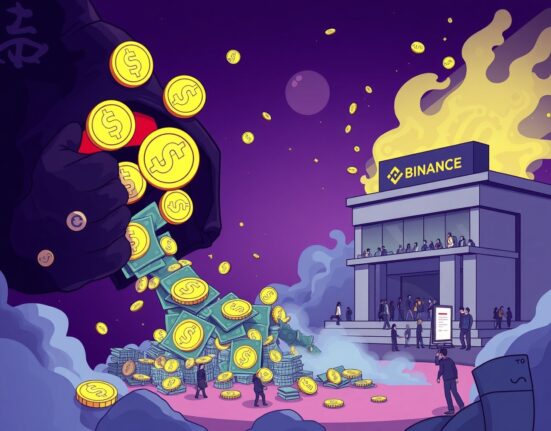 A cartoon illustration depicting a colossal amount of USDT transferred to Binance, symbolizing significant crypto market activity.