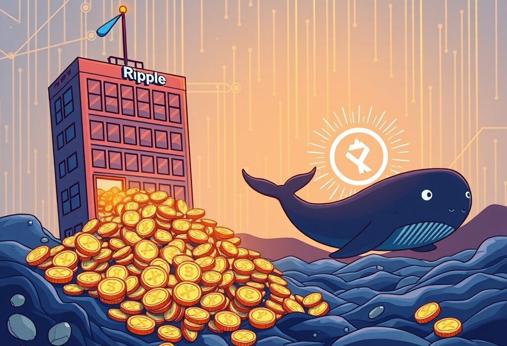 A cartoon illustration depicting a massive XRP transfer of 200 million XRP moving from Ripple to an unknown wallet, highlighting the scale of the transaction.