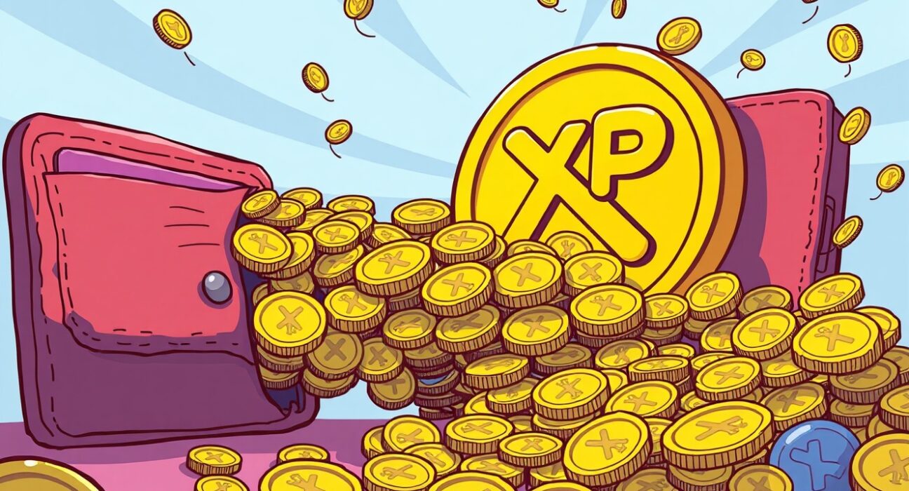 Cartoon illustrating a significant 300 million XRP transfer moving into Ripple's control, highlighting a major event in the crypto market.