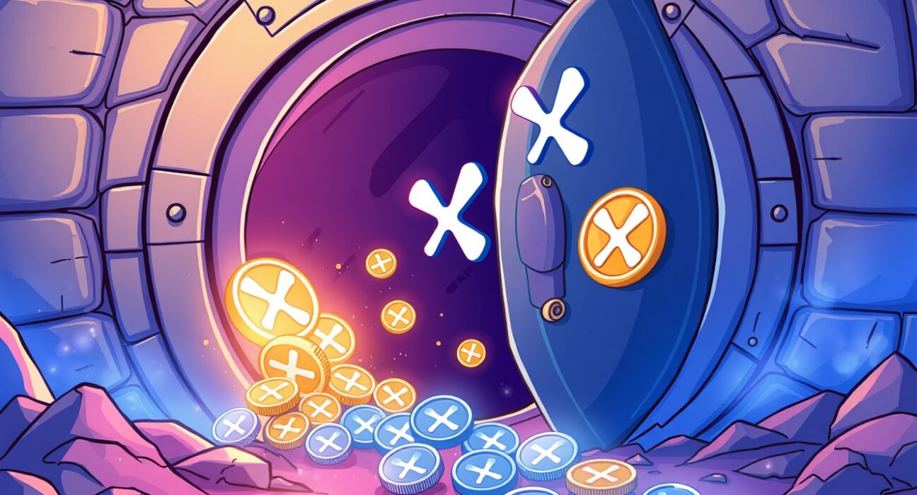 A cartoon image depicting a large vault releasing digital XRP, symbolizing the 500 million XRP unlock from Ripple's escrow.