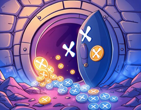 A cartoon image depicting a large vault releasing digital XRP, symbolizing the 500 million XRP unlock from Ripple's escrow.
