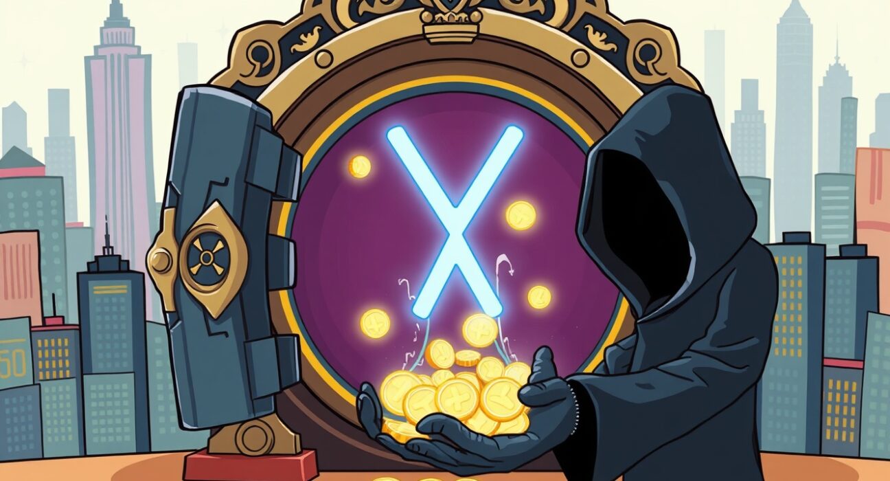 A cartoon illustration depicting a significant amount of XRP unlocked from an escrow, flowing into a mysterious wallet, symbolizing market impact.