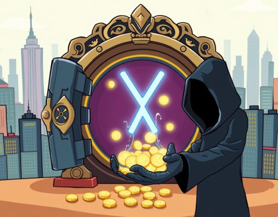 A cartoon illustration depicting a significant amount of XRP unlocked from an escrow, flowing into a mysterious wallet, symbolizing market impact.