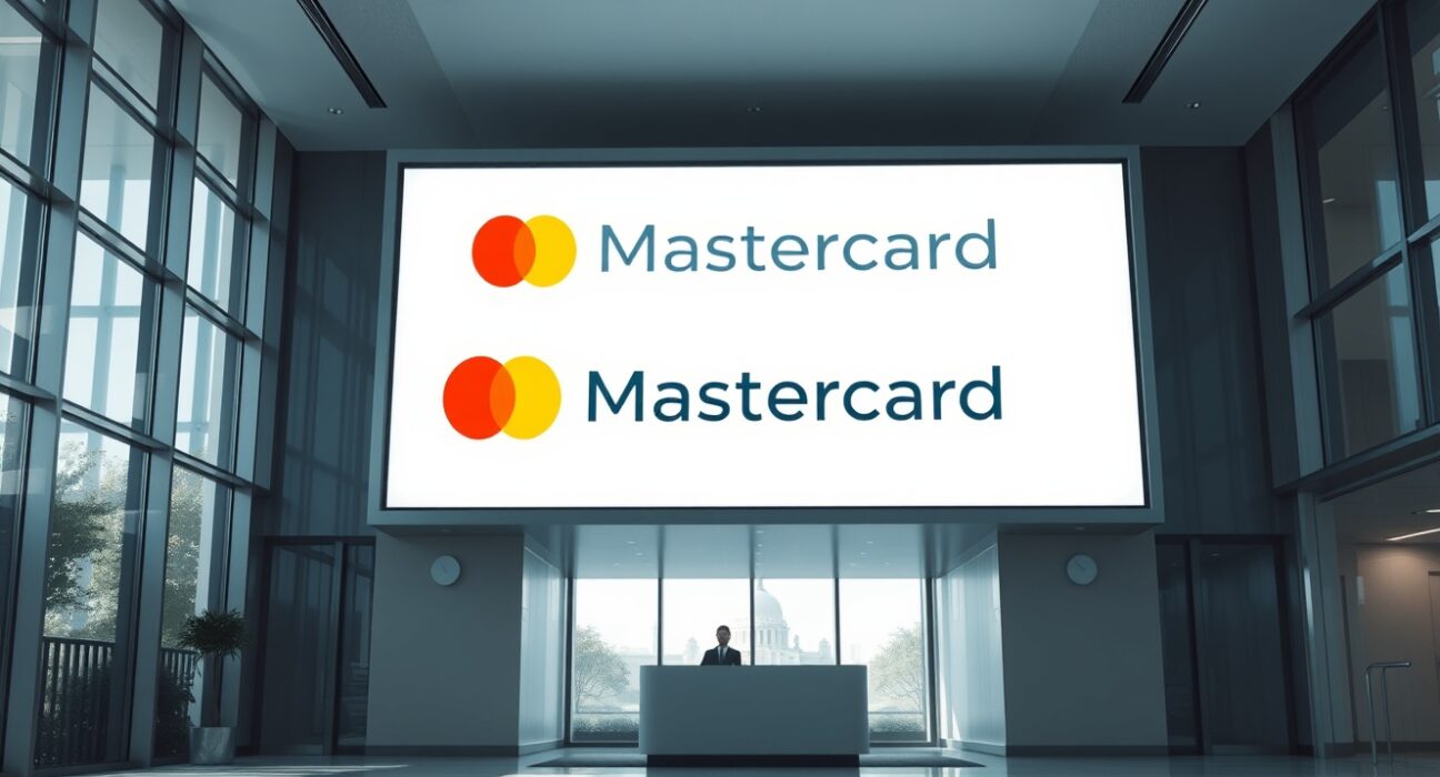 Modern corporate lobby with digital screen showing Mastercard logo and digital coin icon