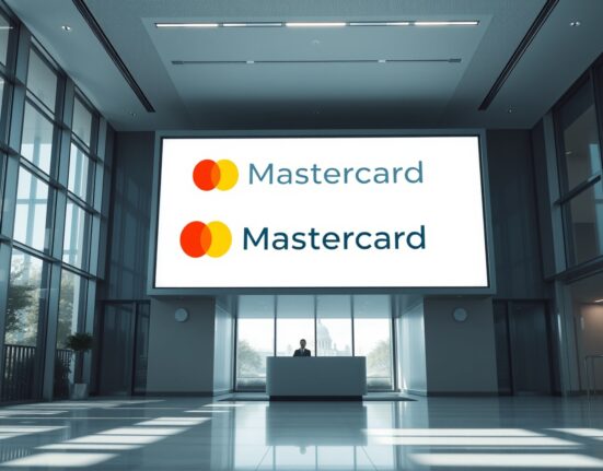 Modern corporate lobby with digital screen showing Mastercard logo and digital coin icon