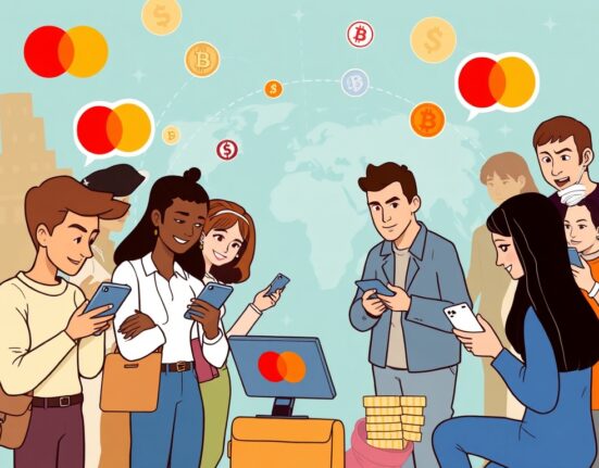 Mastercard crypto strategy: Illustrates seamless integration of digital payments and blockchain technology, emphasizing Mastercard's forward-thinking approach.