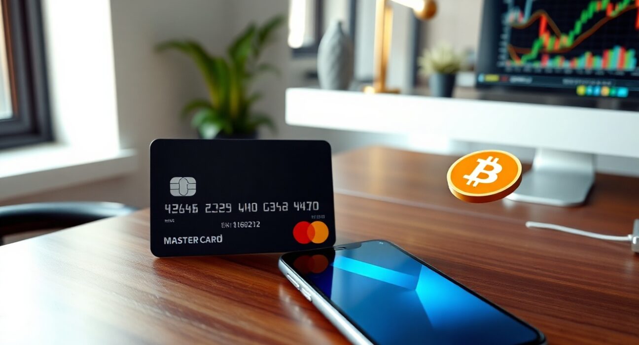 Mastercard credit card on desk next to smartphone showing digital wallet with Bitcoin icon