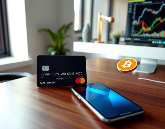 Mastercard credit card on desk next to smartphone showing digital wallet with Bitcoin icon