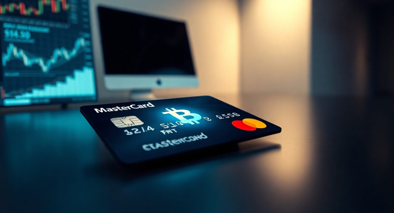 Mastercard credit card with glowing Bitcoin hologram symbolizing stablecoin payment integration