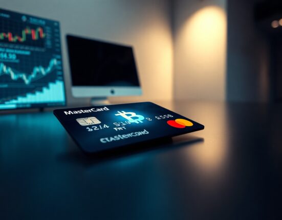 Mastercard credit card with glowing Bitcoin hologram symbolizing stablecoin payment integration