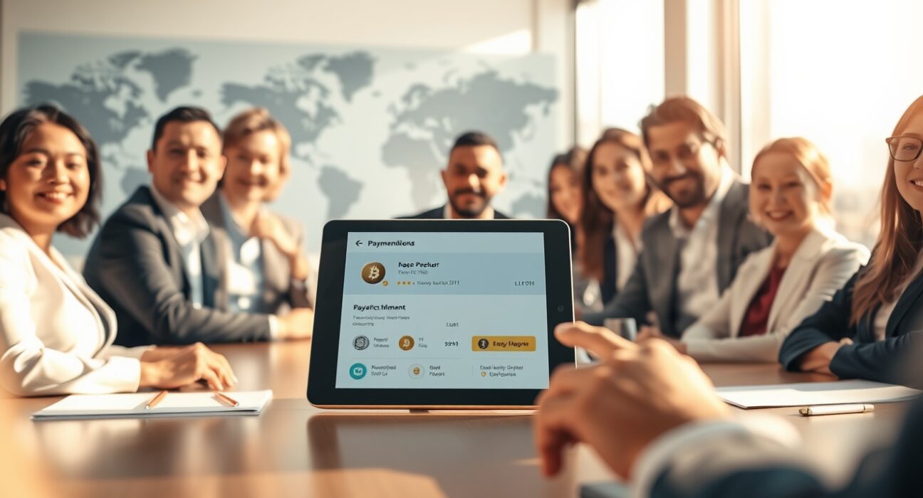 Professionals in a meeting discussing a stablecoin payment interface on a tablet in a modern office.
