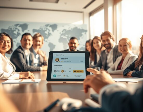 Professionals in a meeting discussing a stablecoin payment interface on a tablet in a modern office.