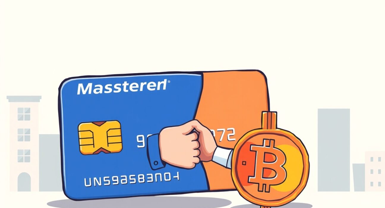 A cartoon illustration showing the integration of Mastercard with crypto, symbolizing the Mastercard Zero Hash acquisition.