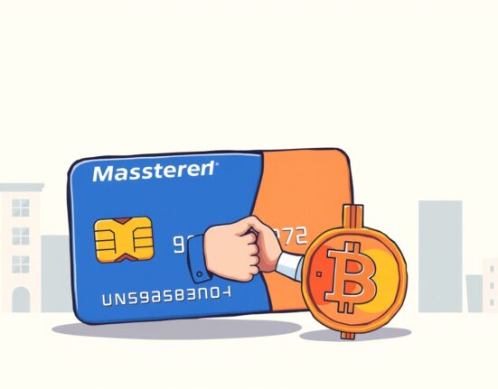 A cartoon illustration showing the integration of Mastercard with crypto, symbolizing the Mastercard Zero Hash acquisition.