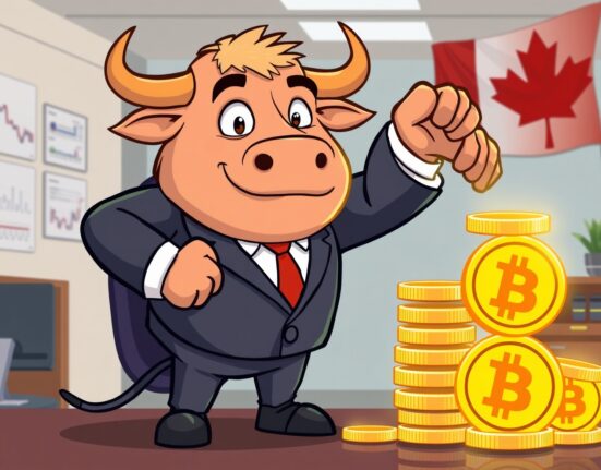 A cartoon bull strategically stacking Bitcoin coins, representing Matador Technologies' major Bitcoin purchases and growth plan.